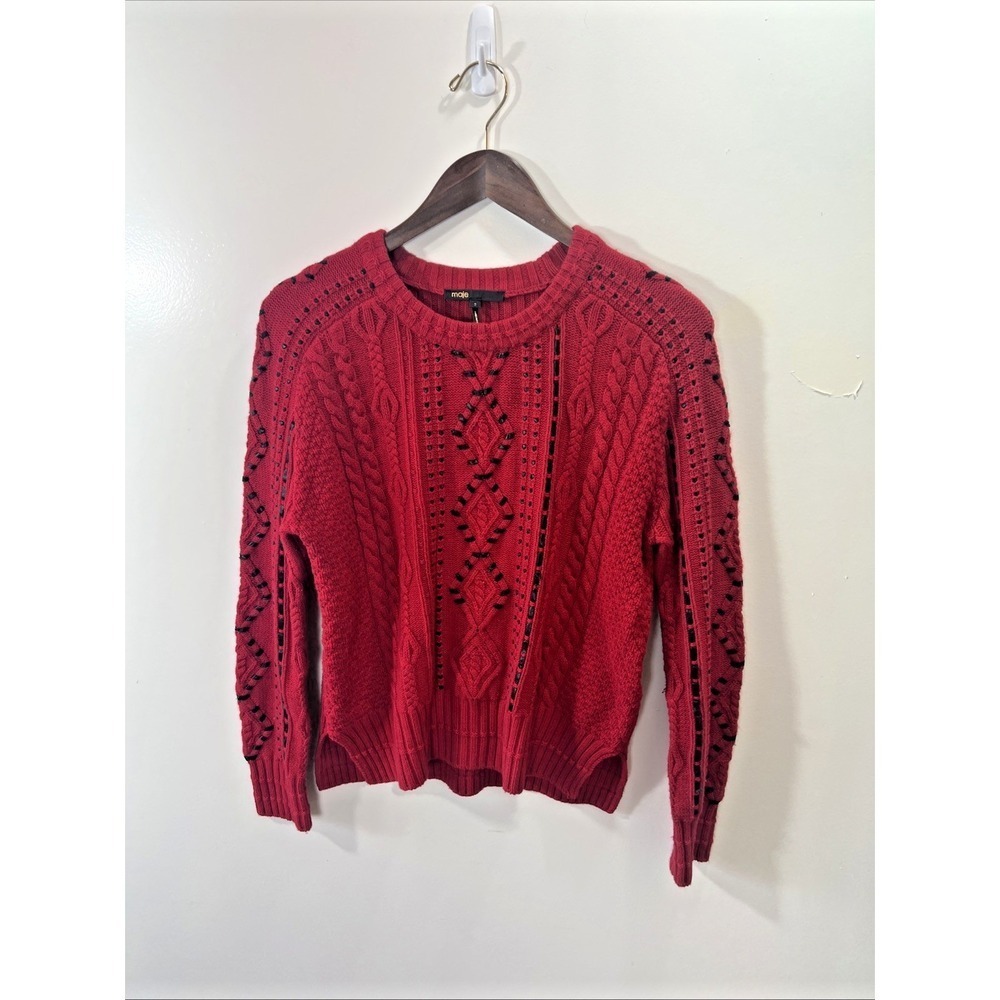 Maje Womens Cable Knit Fisherman Sweater M 3 Red Coastal Classic Quiet Luxury‎
